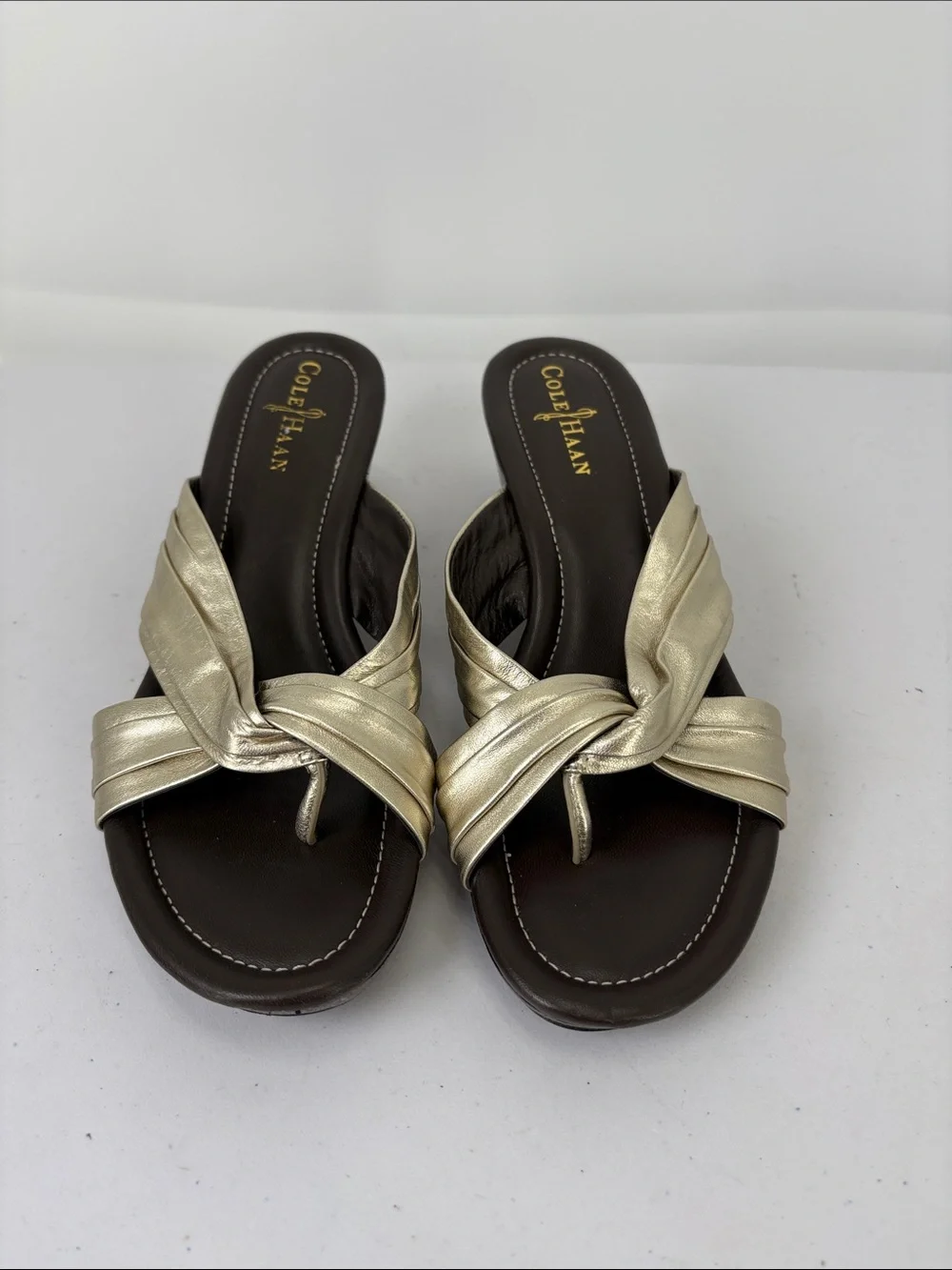 👔 Cole Haan leather wedge Metallic Gold Twisted Strap Slide Sandals